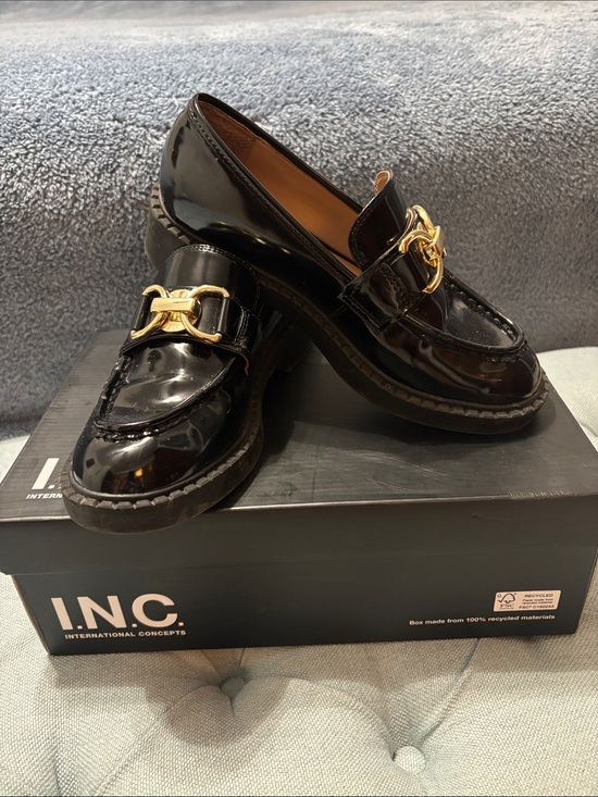 INC International Concepts Shoes - INC International Concepts Black Patent Loafers with Gold Bit